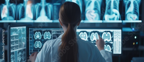 A female doctor in a white coat is examining an xray film of a patient's chest at a hospital, in the style of medicalcore photo