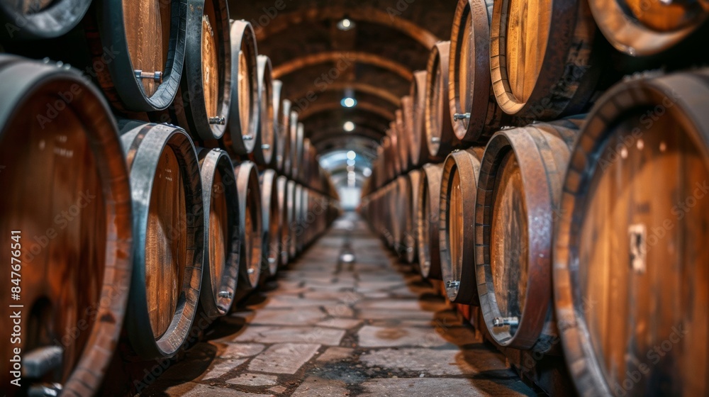 Whiskey bourbon scotch wine barrels in an aging facility
Whiskey bourbon scotch wine barrels in an aging facility