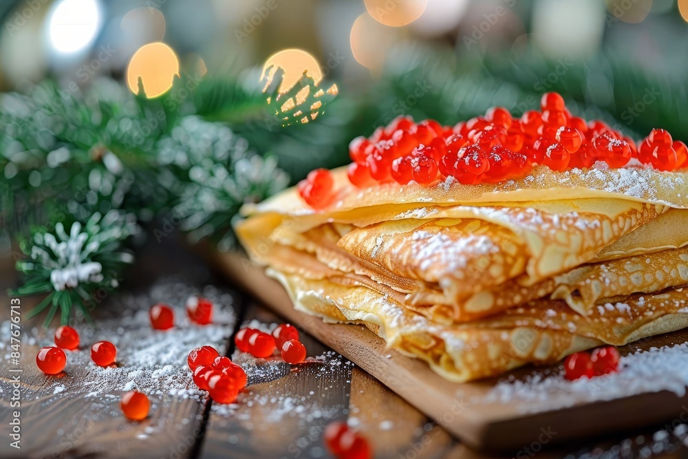 Traditional maslenitsa pancakes adorned with luxurious red caviar for festive celebration Traditional maslenitsa pancakes adorned with luxurious red caviar for festive celebration