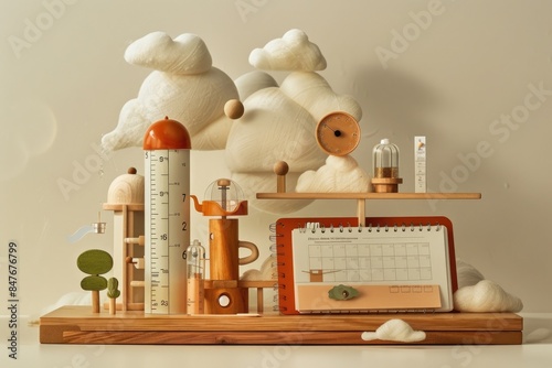 A detailed weather science kit with a rain gauge, anemometer, and weather journal on a neutral beige background.