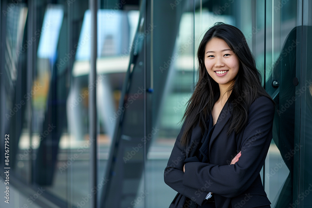 Smiling Asian Businesswoman in Office Building Background Smiling Asian Businesswoman in Office Building Background