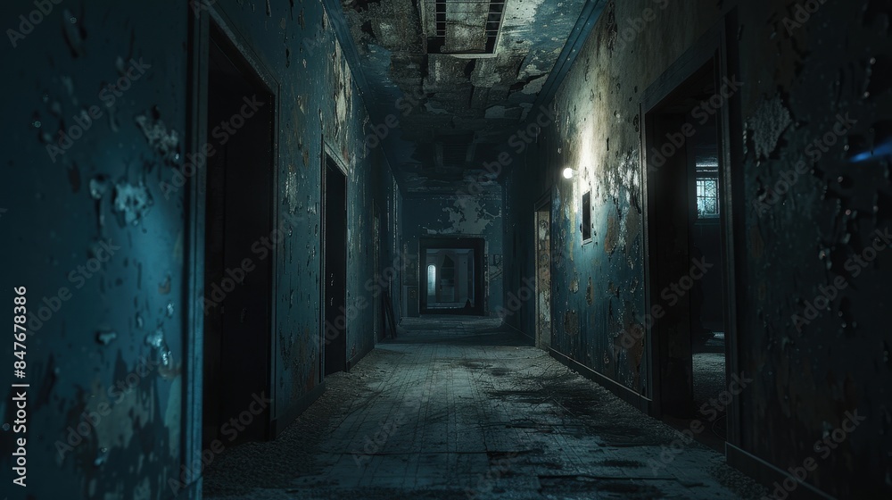 Dark and Eerie Abandoned Building Hallway with Peeling Paint and Dim Lighting, Perfect for Horror and Thriller Themes Dark and Eerie Abandoned Building Hallway with Peeling Paint and Dim Lighting, Perfect for Horror and Thriller Themes