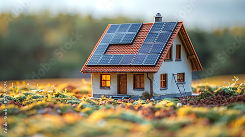 3D illustration of a miniature house with solar panels