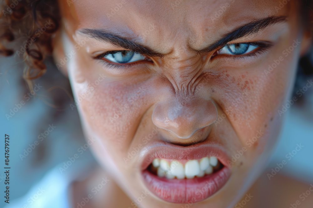 Close-up portrait focusing on a person's frustrated face, capturing clenched teeth and furrowed brows in high detail.. AI generated. Close-up portrait focusing on a person's frustrated face, capturing clenched teeth and furrowed brows in high detail.. AI generated.