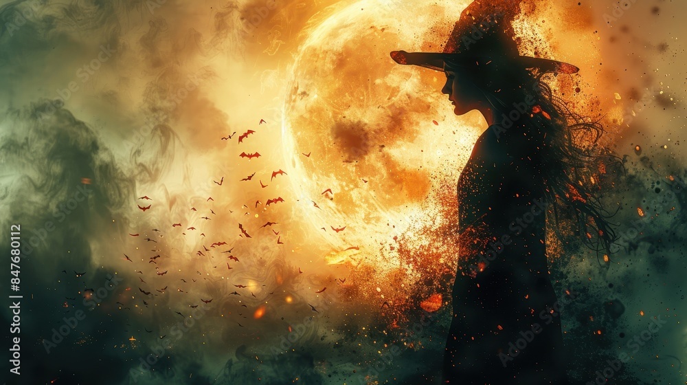 Enigmatic Witch Silhouette Against Full Moon with Flying Bats and Mystical Clouds in a Fantasy Landscape Enigmatic Witch Silhouette Against Full Moon with Flying Bats and Mystical Clouds in a Fantasy Landscape