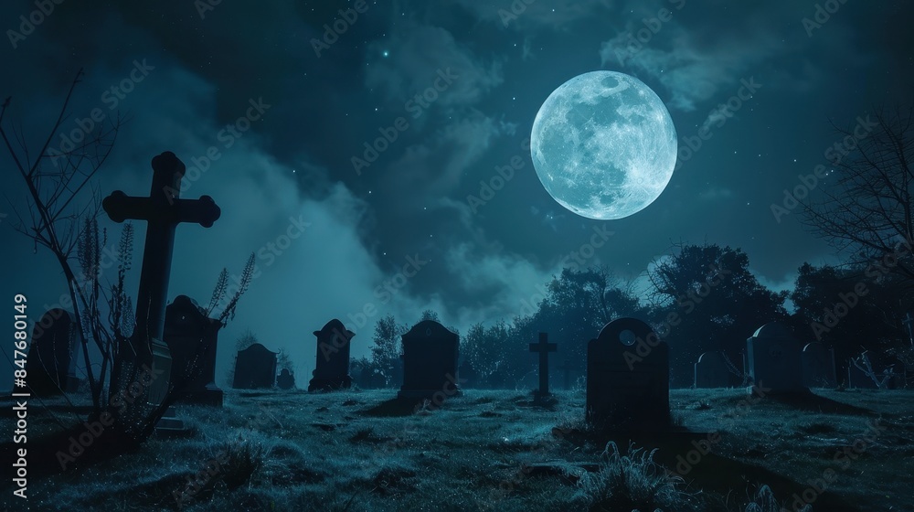 Eerie Full Moon Night in a Spooky Graveyard with Tombstones and Crosses, Surrounded by Mist and Dark Trees, Creating a Haunting Atmosphere Perfect for Halloween or Horror-Themed Projects Eerie Full Moon Night in a Spooky Graveyard with Tombstones and Crosses, Surrounded by Mist and Dark Trees, Creating a Haunting Atmosphere Perfect for Halloween or Horror-Themed Projects