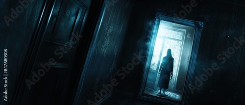 Eerie Silhouette of a Woman in a Dark Hallway with a Glowing Mirror and Mysterious Atmosphere