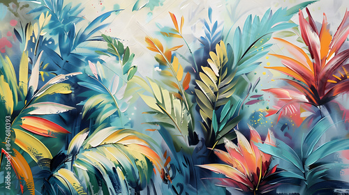 beautiful plants on canvas Oil color painting. Generative AI.