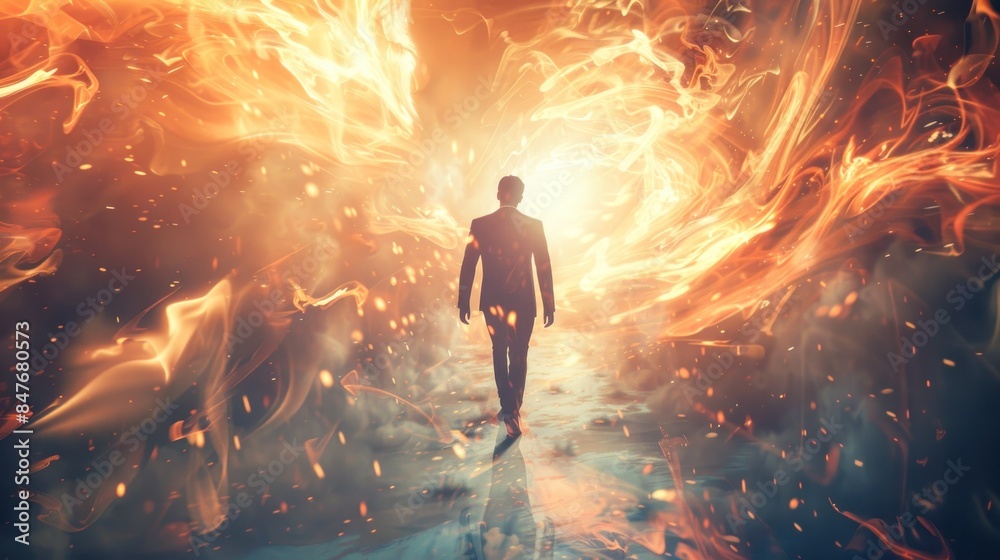 Person walking into a fiery vortex Person walking into a fiery vortex