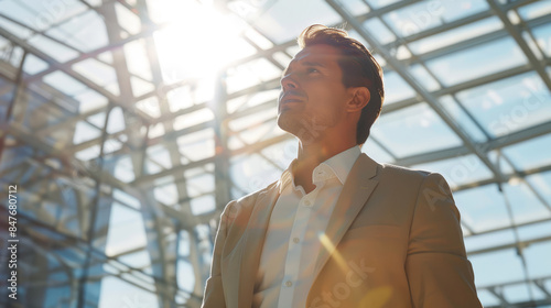 Confident businessman standing in a sunlit modern atrium