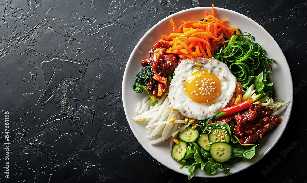 Top down view of a white plate with bibimbap, Korean mixed rice with vegetables and spicy gochujang sauce, on a black textured background Top down view of a white plate with bibimbap, Korean mixed rice with vegetables and spicy gochujang sauce, on a black textured background