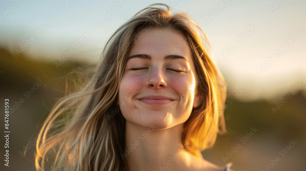 Portrait of smiling woman enjoying sunlight with eyes closed Portrait of smiling woman enjoying sunlight with eyes closed