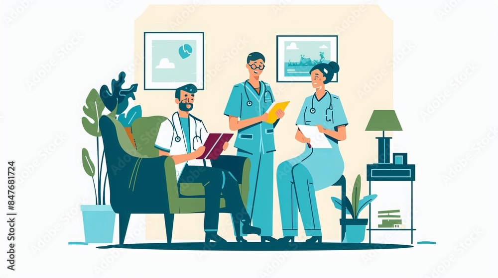 Home Care Nurse: During a home visit, a nurse provides in-home care, checking on a patient's health and offering assistance with daily activities to ensure their well-being Home Care Nurse: During a home visit, a nurse provides in-home care, checking on a patient's health and offering assistance with daily activities to ensure their well-being