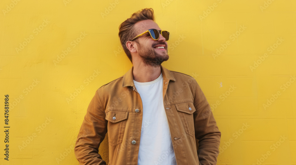 Happy man wearing sunglasses and brown jacket against yellow background Happy man wearing sunglasses and brown jacket against yellow background