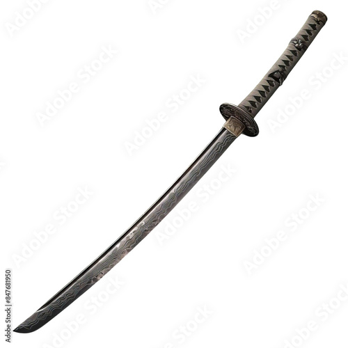 The image is of a traditionally made sharp samurai sword with a long handle, transparent background