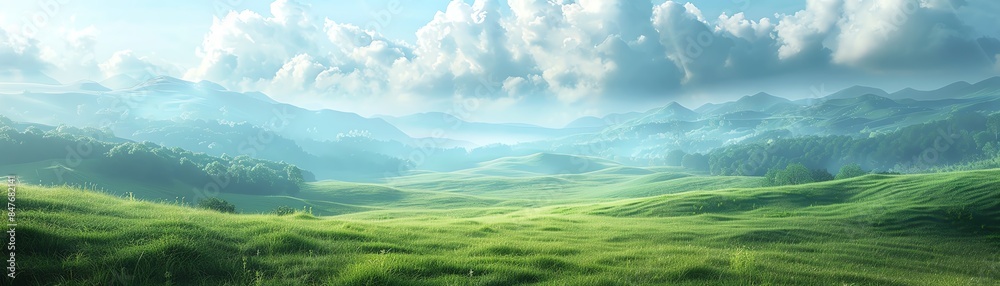 A serene landscape with rolling green hills under a partly cloudy sky, depicting peaceful nature and open spaces in the countryside. A serene landscape with rolling green hills under a partly cloudy sky, depicting peaceful nature and open spaces in the countryside.