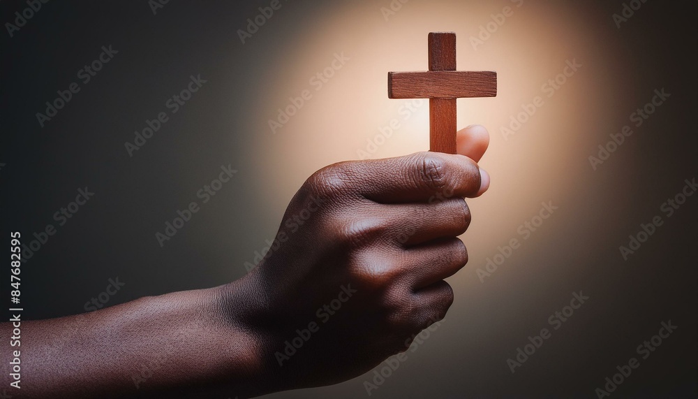 Obraz premium Wooden Christian Cross being held by Dark Skinned Hand - Symbol of Christianity - Believe and Faith in Christ or God - Praying or Wishing - Worshipping of Religion - Asking for Blessing from Above