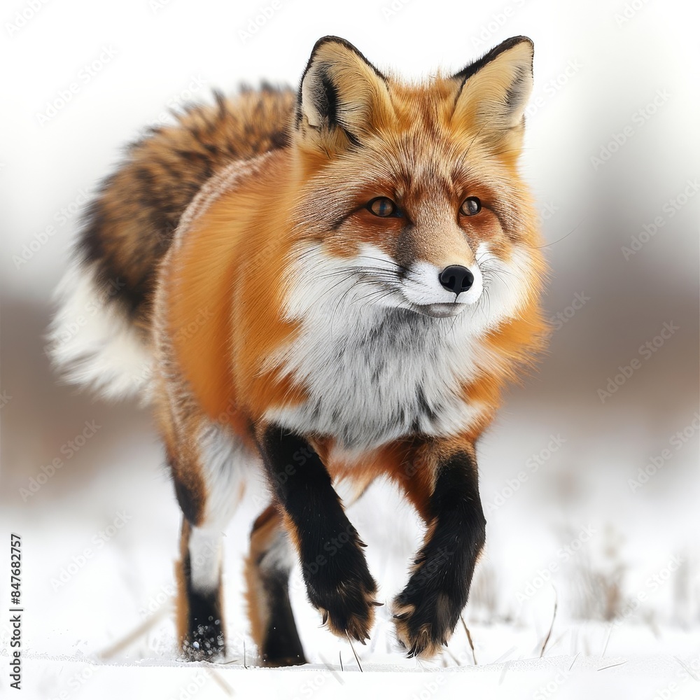 Fototapeta premium A fox in midrun, white background, dynamic pose and detailed fur, realistic rendering, great for educational materials