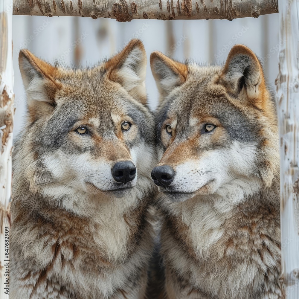 Fototapeta premium A pair of wolves interacting, white background, detailed and lifelike textures, realistic style, harmonious interaction, suitable for wildlifethemed art pieces