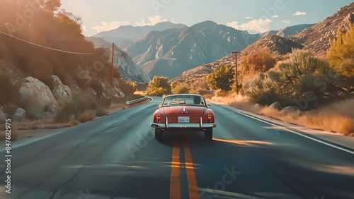 A red car is driving down a road with mountains in the background.