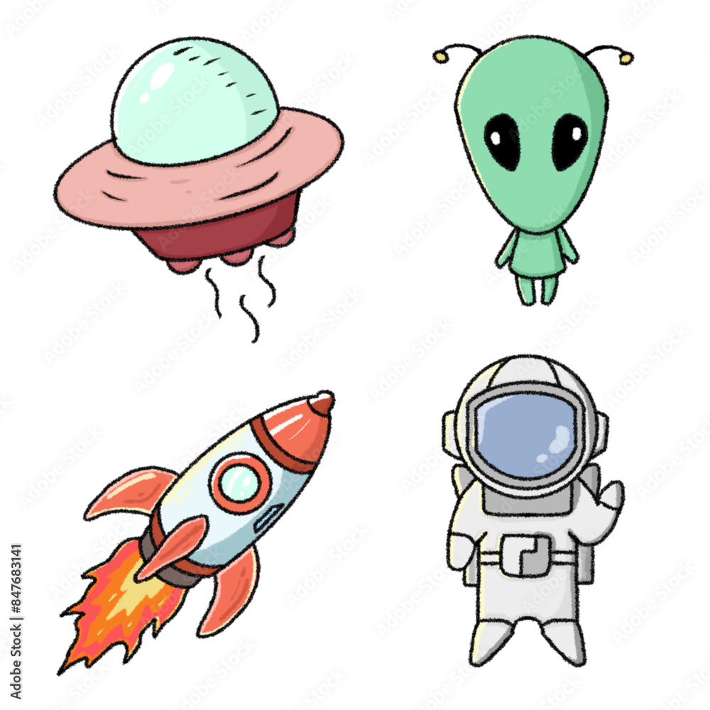 Obraz premium set of cartoon monster, aliens, ufo, rocket, astronout