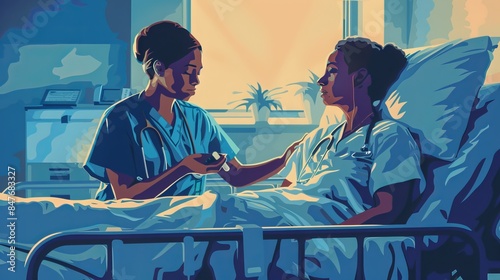 Nurse Administering Medication: At a patient's bedside, a nurse carefully administers medication, explaining the treatment plan and providing comfort to the patient  photo