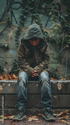 Boy sitting on a ledge with his head down, exclusion bullying
