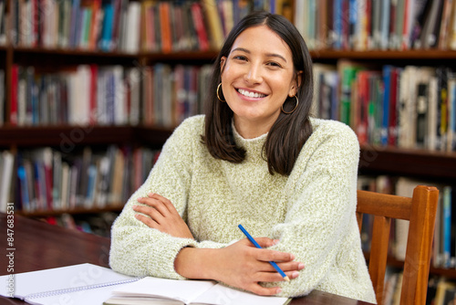 Obraz na plátně University student, portrait and library or studying research for education course, learning or campus