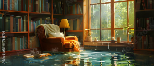 A cozy reading nook with a comfy chair and shelves of books, water seeping in from a nearby window, pooling on the floor and reflecting the warm, inviting atmosphere
