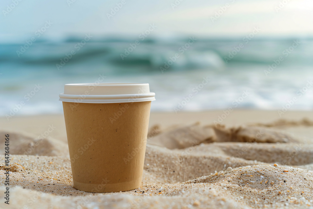 To-go coffee cup on the sand with ocean waves in the background To-go coffee cup on the sand with ocean waves in the background