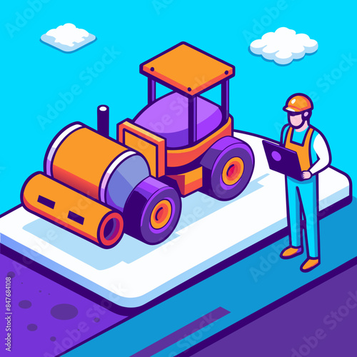 Illustration of Road Building Construction Site: Engineer and Worker with Yellow Double Drum Roller - Cartoon Vector, Isolated AI Generative