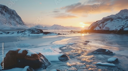 Stunning snowy coastline at sunset with icy rocks and calm waters