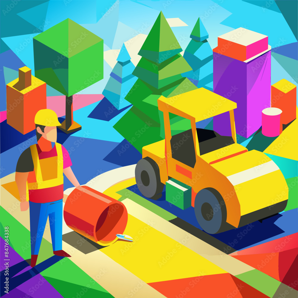 Naklejka premium Illustration of Road Building Construction Site: Engineer and Worker with Yellow Double Drum Roller - Cartoon Vector, Isolated AI Generative