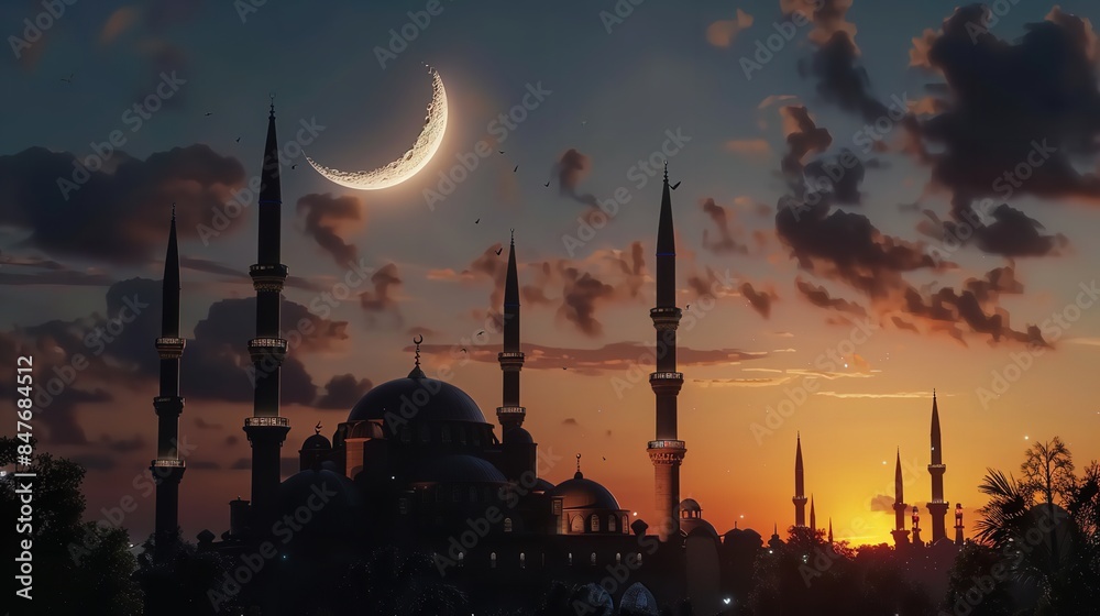 Crescent moon with beautiful mosque evening