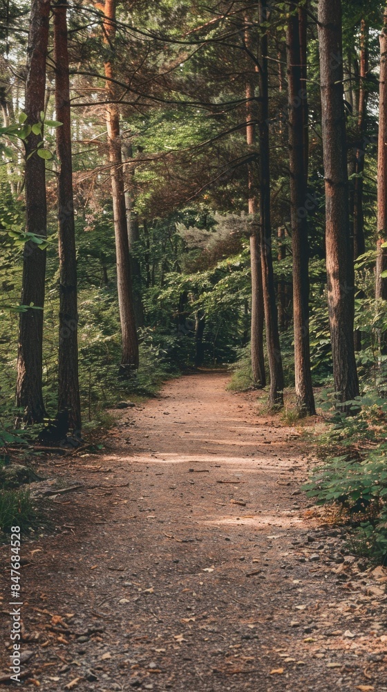 Dirt path in the woods with trees on both sides Dirt path in the woods with trees on both sides