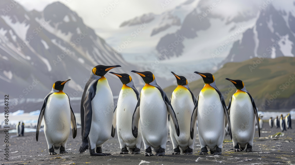 Obraz premium King penguins standing together on a beach with mountains.