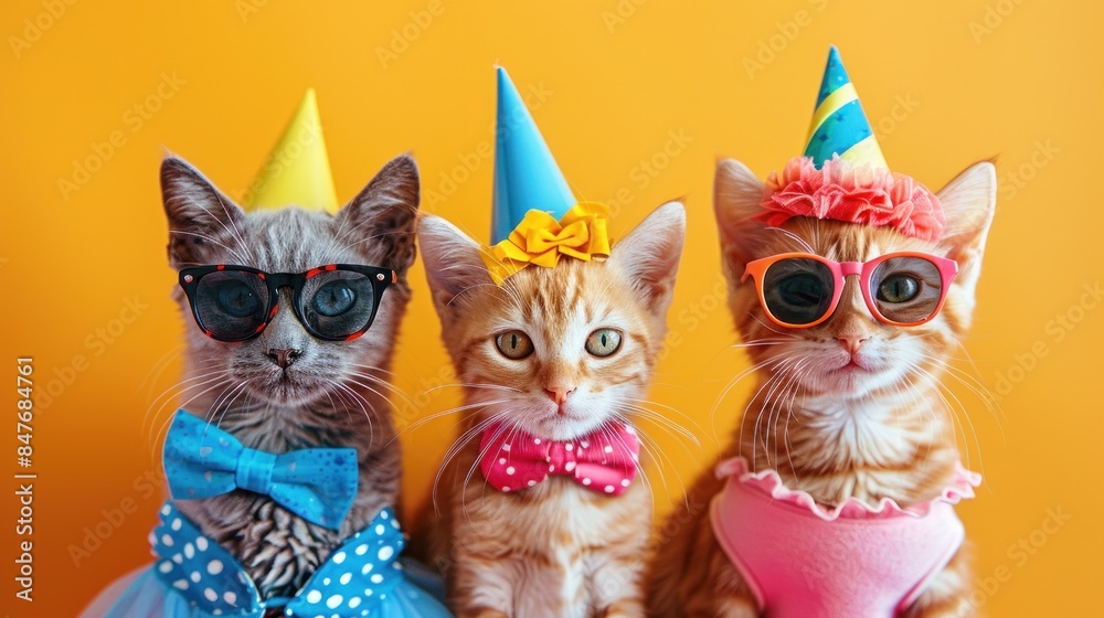 Three kittens in party outfits and sunglasses Three kittens in party outfits and sunglasses