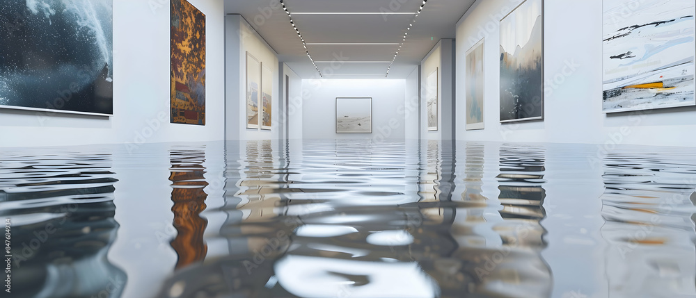© Komkrit - An art gallery with white walls and contemporary pieces, water flooding the floor from a broken sprinkler, creating reflections of the artwork and the gallery lighting