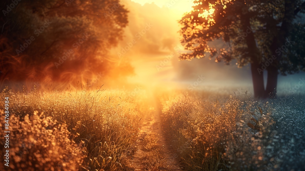 Obraz premium A path through a field with trees and grass in the background, AI