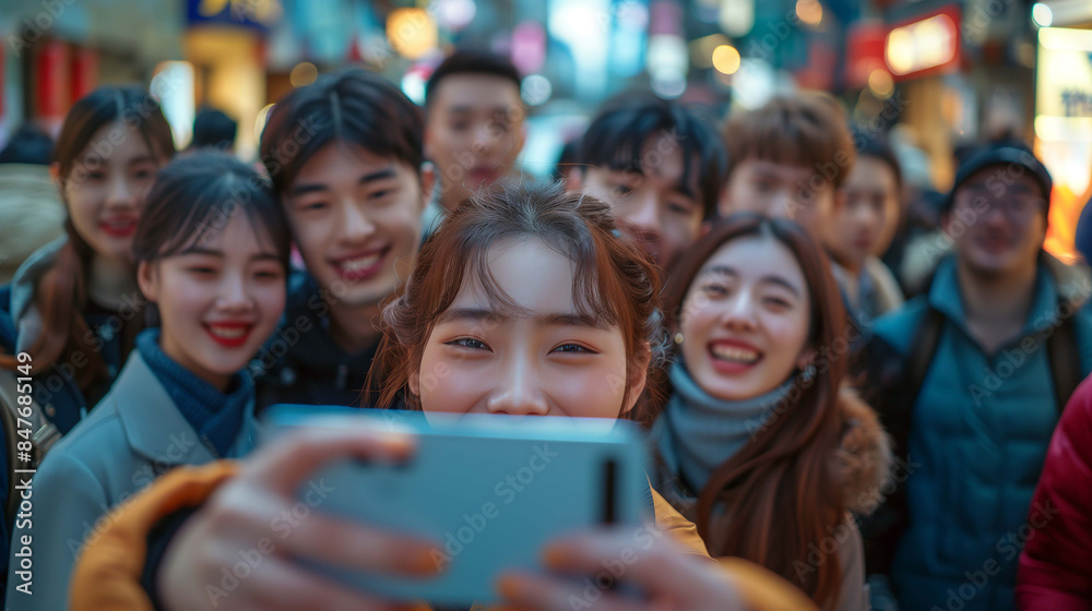 Smartphone screen becomes a reflection of their friendship, showcasing their genuine happiness Smartphone screen becomes a reflection of their friendship, showcasing their genuine happiness