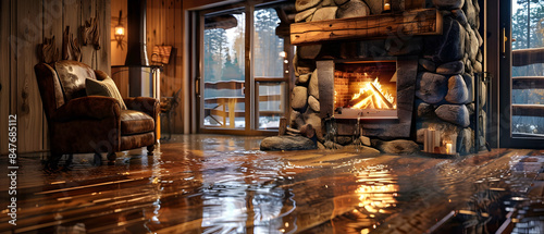A cozy cabin living area with a stone fireplace, water seeping in from the door after a rainstorm, creating a small pool on the wooden floor and reflecting the rustic decor
