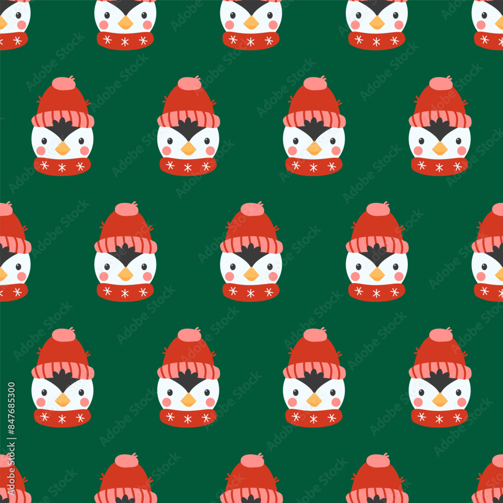 Seamless pattern cute penguin in knitted hat and scarf. Happy new year repeating background. Holiday cartoon character in winter season. Flat vector illustration Seamless pattern cute penguin in knitted hat and scarf. Happy new year repeating background. Holiday cartoon character in winter season. Flat vector illustration