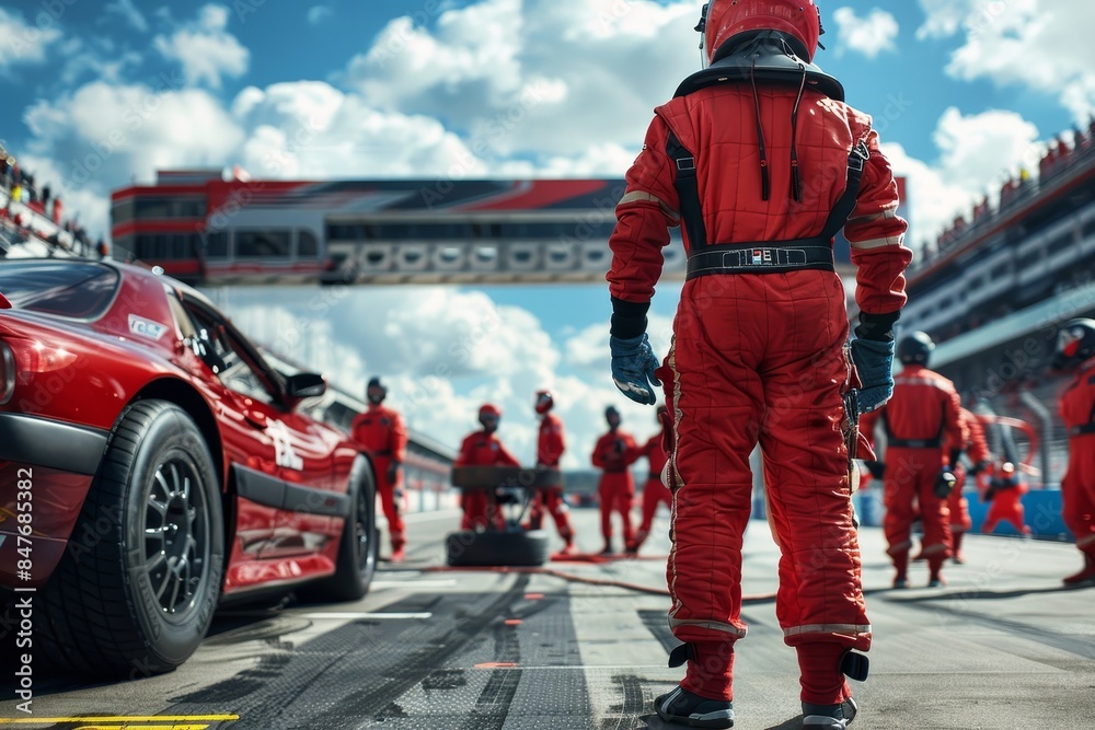 Efficient pit crew in action during race car pit stop, showcasing strong teamwork in racing Efficient pit crew in action during race car pit stop, showcasing strong teamwork in racing