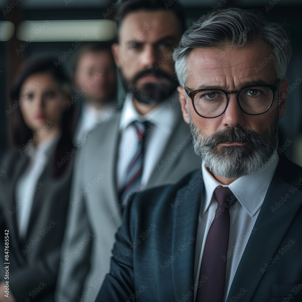 Corporate Team Intently Discussing a Merger in a Professional Office Setting with Serious Expressions Corporate Team Intently Discussing a Merger in a Professional Office Setting with Serious Expressions