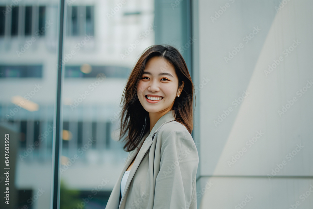 Smiling Asian Office Lady in Office Building Background Smiling Asian Office Lady in Office Building Background