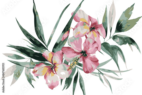 tropical flowers watercolor painting, isolated on white background, minimalism.
