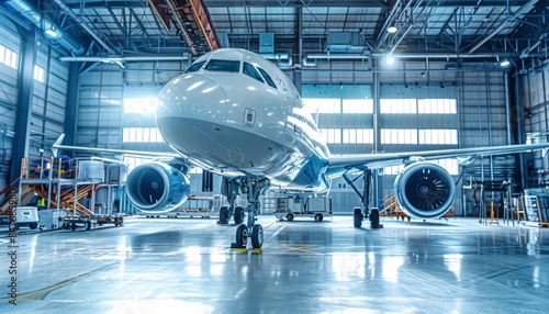 Commercial jet aircraft parked inside a spacious aviation hangar for maintenance and service