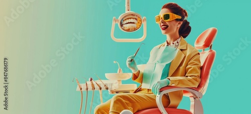 Confident patient sitting in dentist chair with retro sunglasses holding a toothbrush and floss. photo