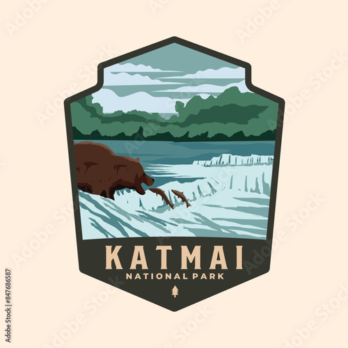 katmai national park logo vector patch illustration design, alaska landmark emblem design