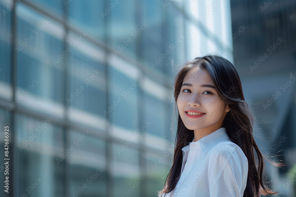Smiling Asian Office Lady in Office Building Background Smiling Asian Office Lady in Office Building Background